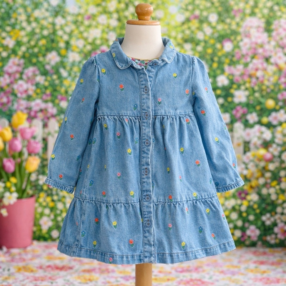 Mini Boden Girls Sz 5/6yr Blue Denim Floral Embroidered Tiered Long Sleeve Dress